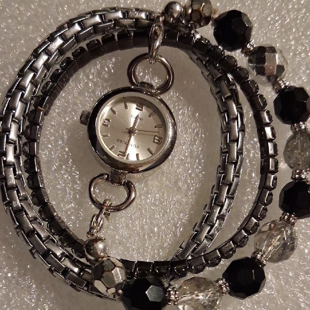 Silver and Black Crystal Embellished Bracelet Watch